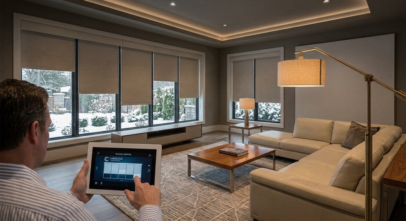 Automated motorized shades in a modern living room
