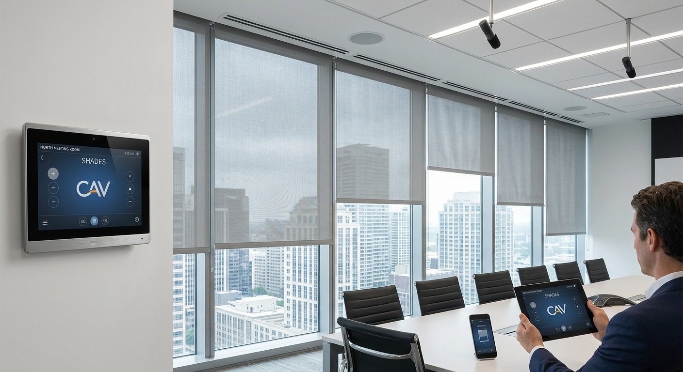 Lutron motorized roller shades on large windows