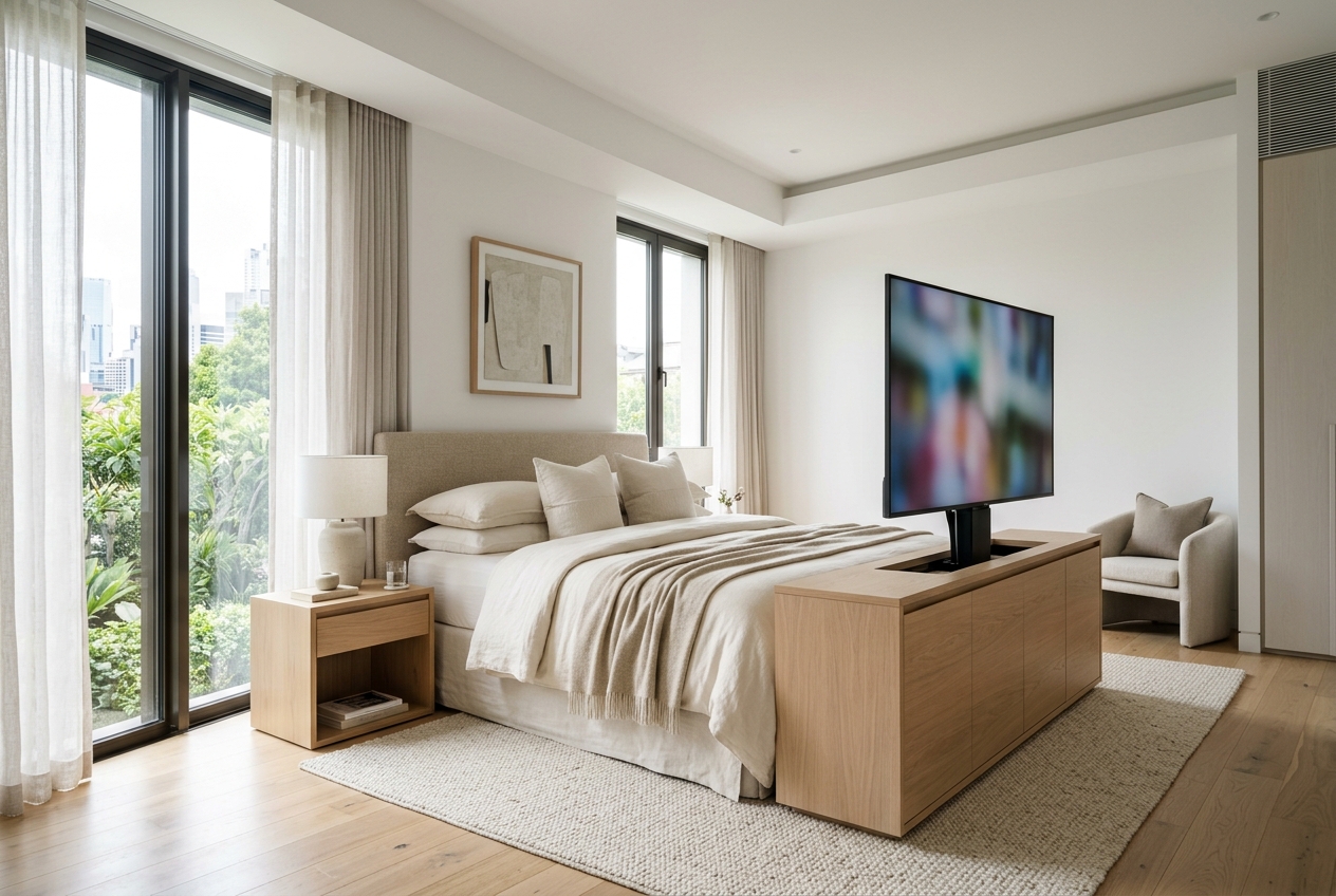 Flat-screen TV rising from a furniture-grade cabinet at the foot of a bed