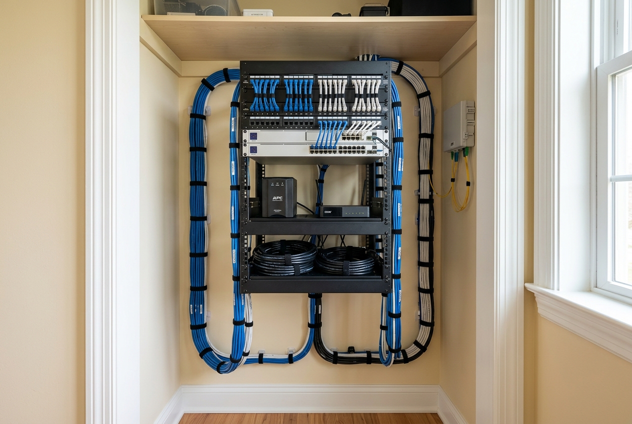 Clean labeled ventilated equipment rack with tidy cable management after professional organization