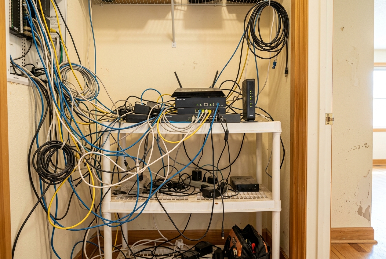 Messy residential structured-wiring closet with tangled cable spaghetti before organization