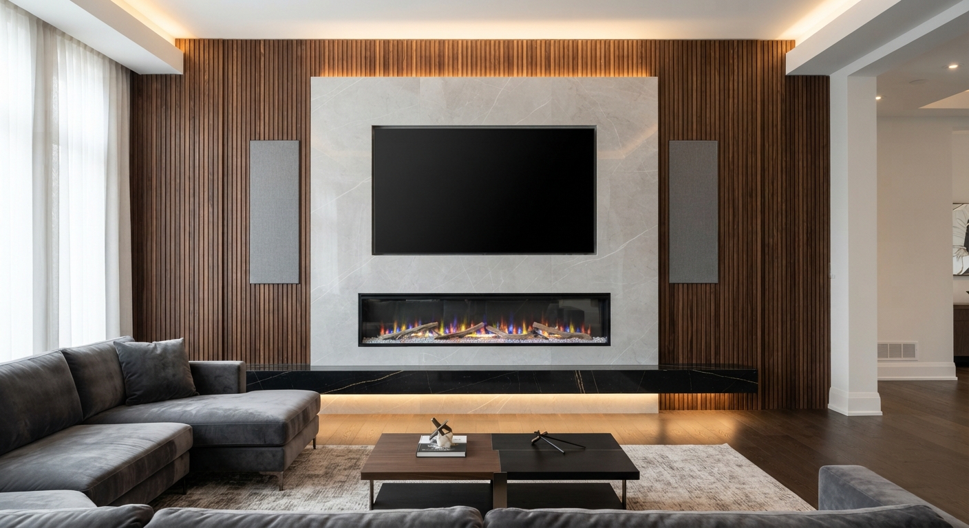 Luxury custom media wall with wood slat surround, marble panel and linear electric fireplace
